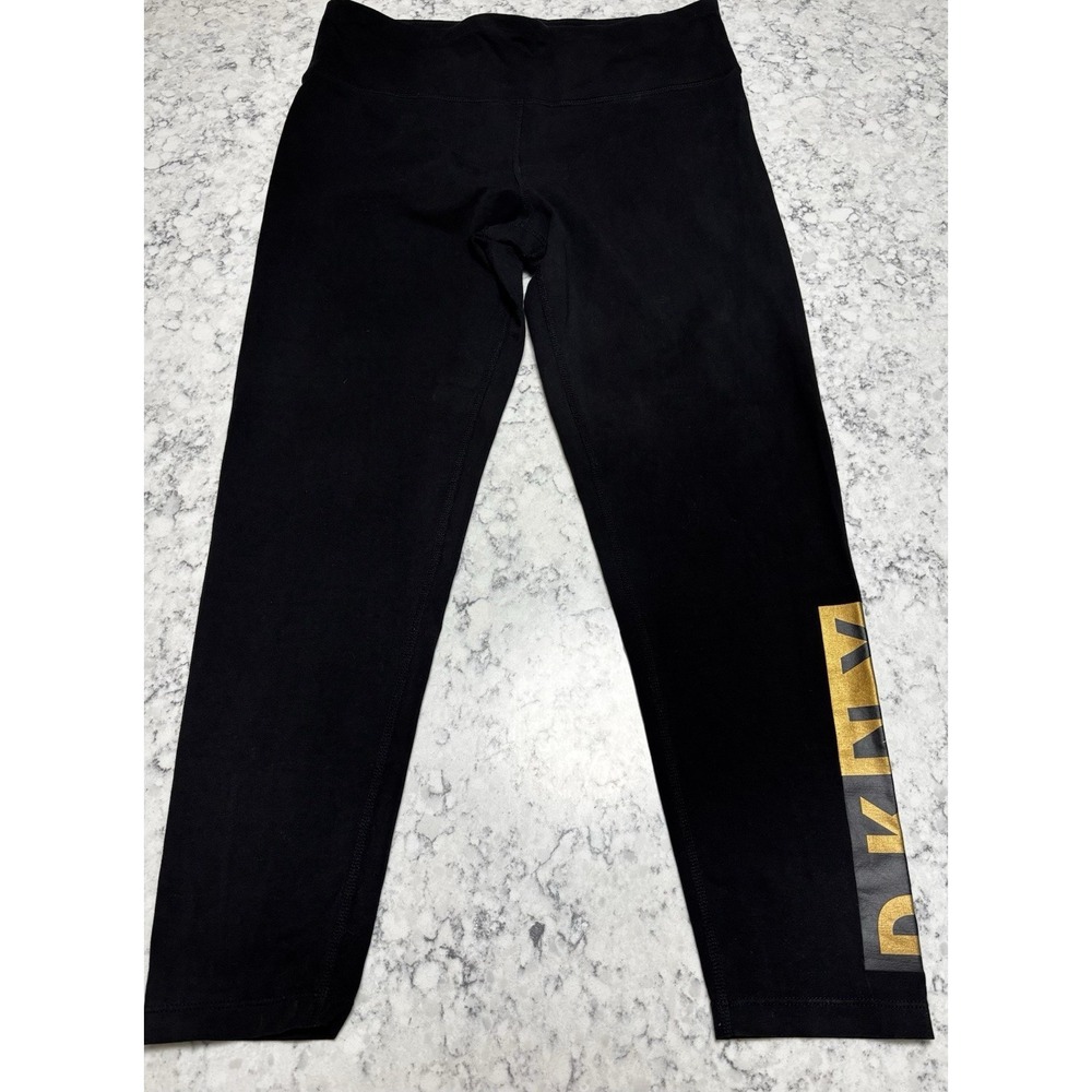 DKNY Sport Women's Black Leggings Size Large Gold Logo Stretch Athletic Pants